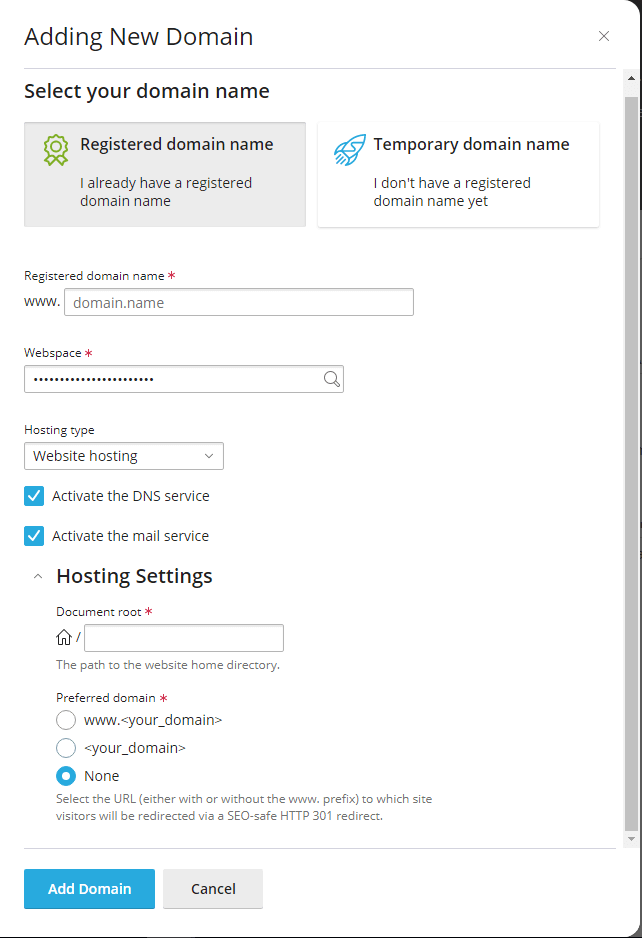 Configure domain Plesk