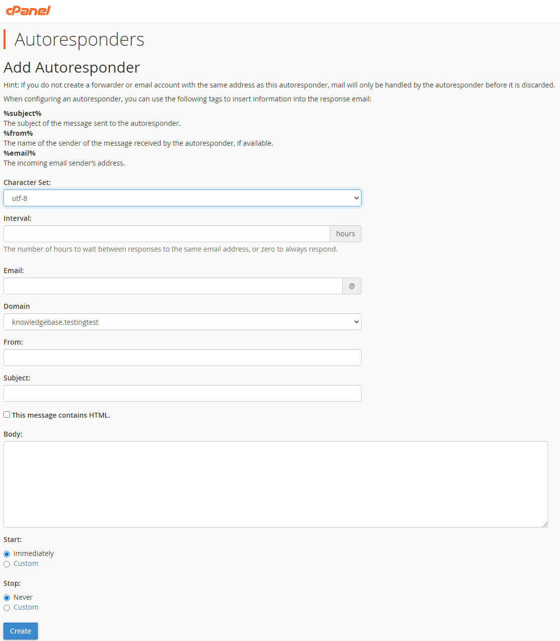 cPanel autoresponder configuration