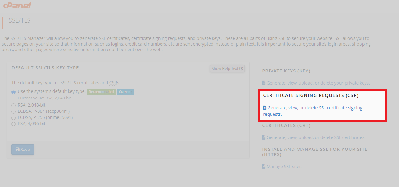 cPanel certificate signing request in SSL/TLS