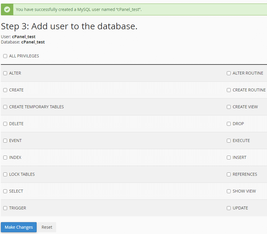 Configure user privileges in cPanel MySQL Wizard