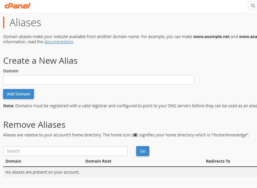 cPanel aliases tool