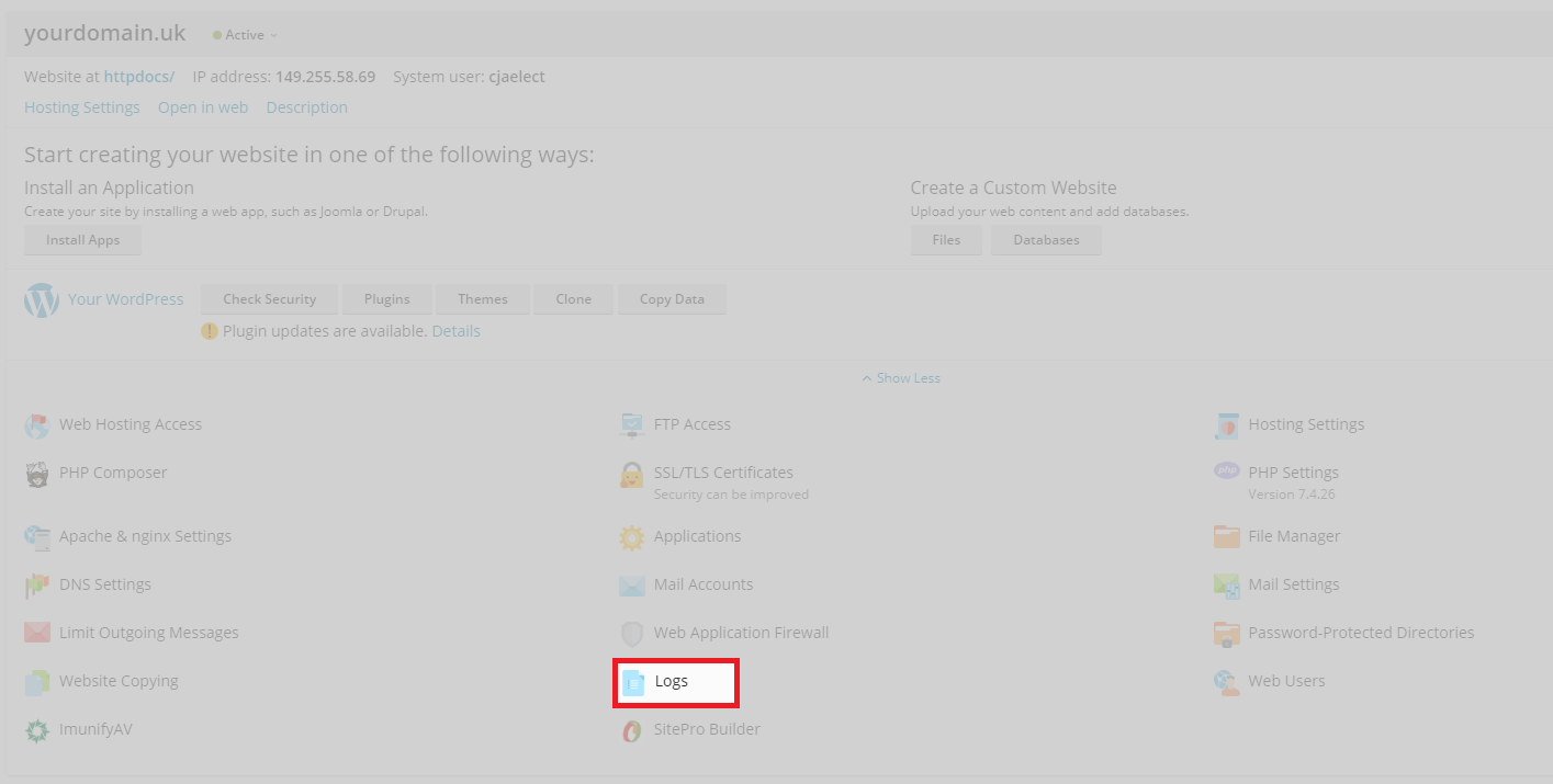Logs shown in Plesk domain area
