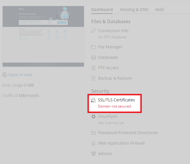 plesk domain panel ssl/tls