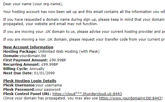 Fastnet Hosting welcome email, containing login information