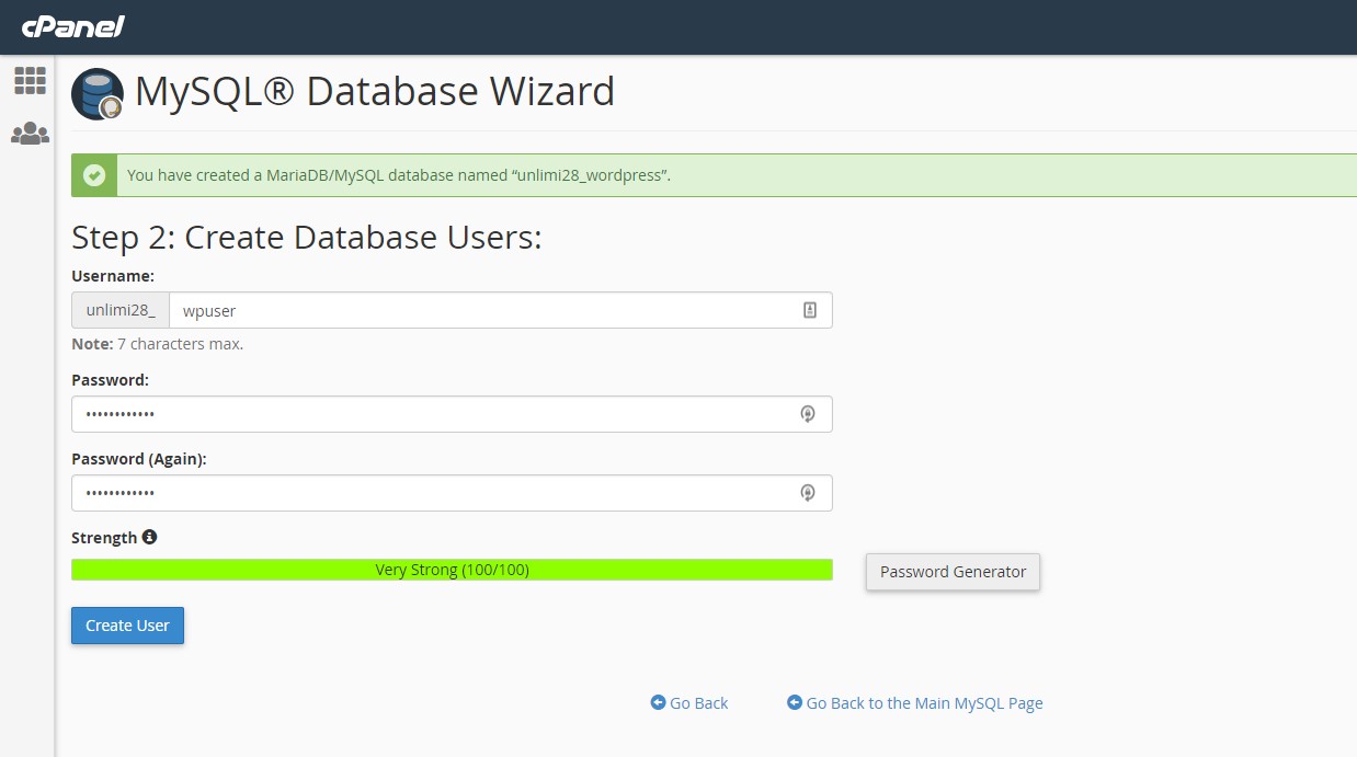 Create a database user in cPanel